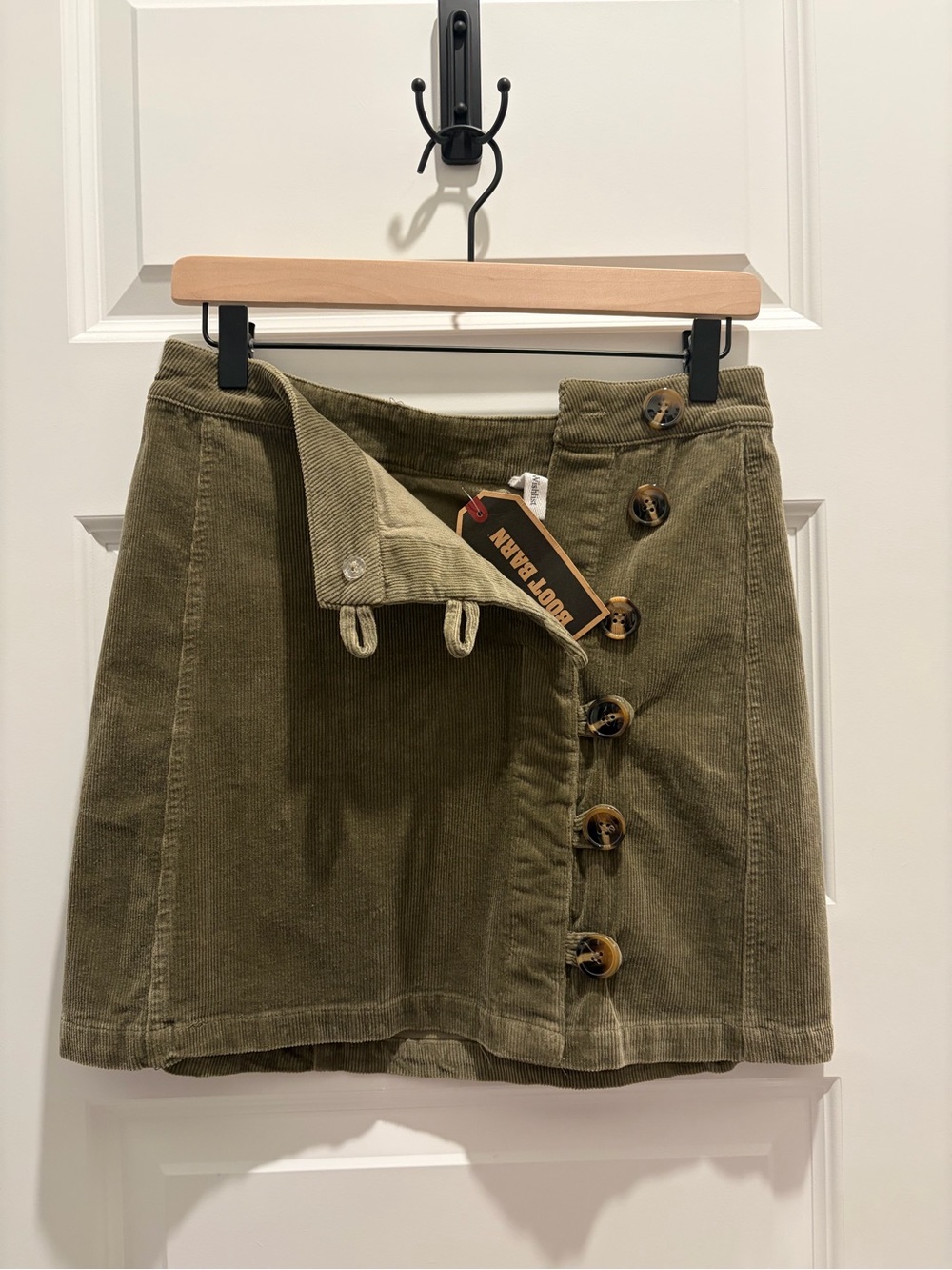 Button-Front Corduroy Mini Skirt in Olive Green